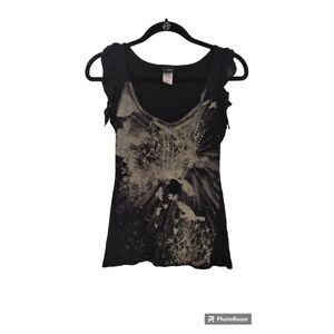 Day Trip Black ruffle sleeve and beige earth print top